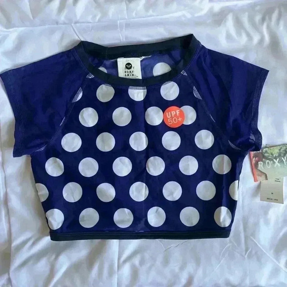 NWT Roxy Swim crop top blue polka dot UPF 50 surfer skater sportswear be… - Picture 1 of 6